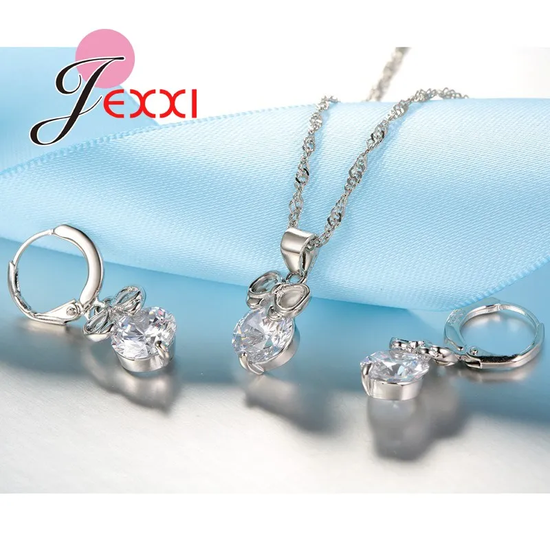 Trendy Mode 925 Sterling Silber Braut Hochzeit Zubehör Schmuck Set Kristall Drop Bowknot Anhänger Halskette Ohrringe