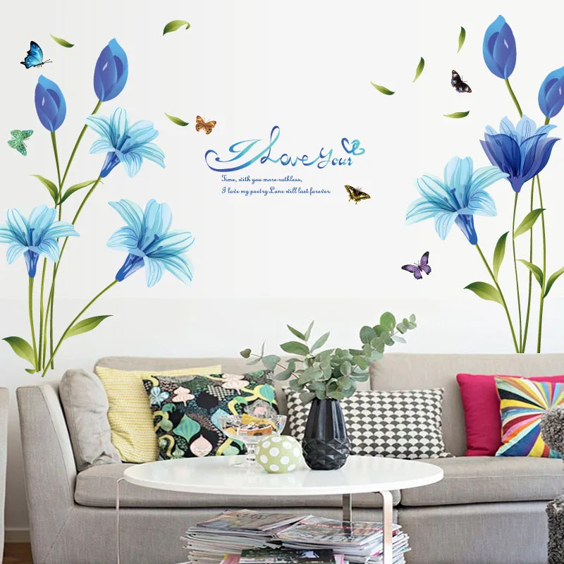 Fantasy Blue Color flowers wall stickers PVC material DIY wall decals