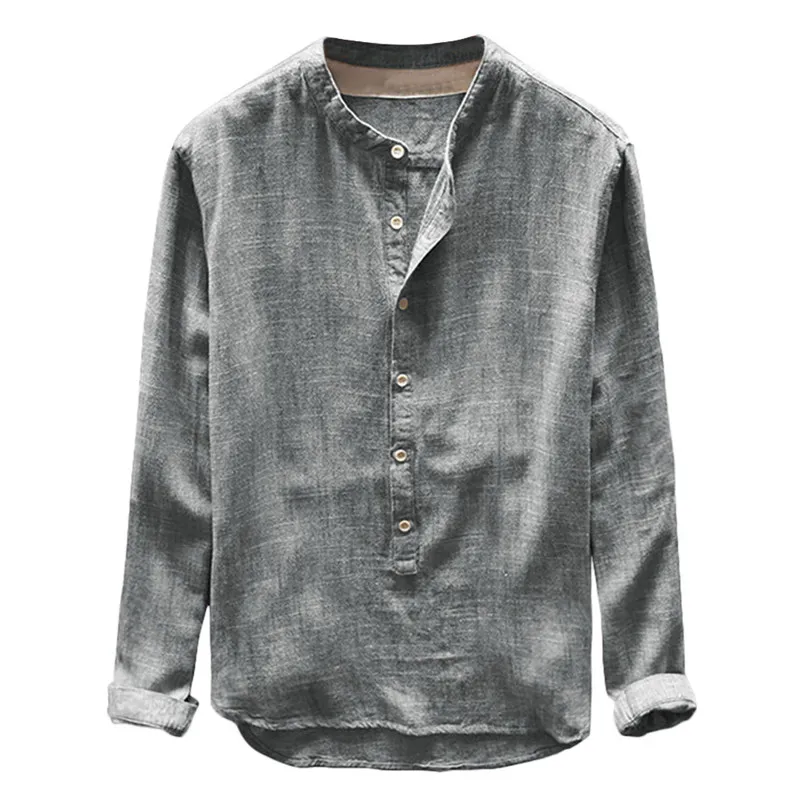  New Fashion Mens Men Autumn Winter Button Casual Daily Linen and Cotton Long Sleeve Travel Top Solid Blouse #4F04 (9)