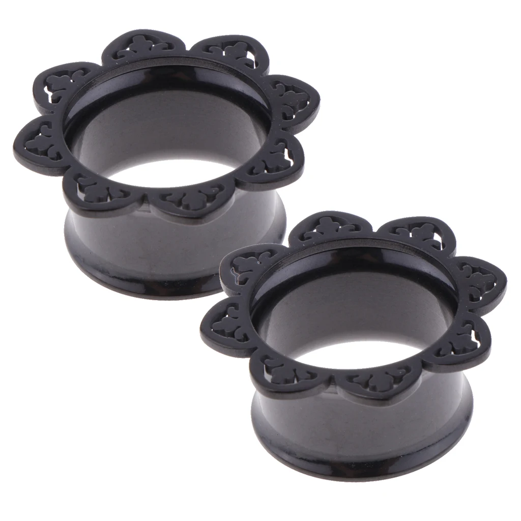 2Pieces Black Flower Stainless Ear Flesh Tunnels Flared Earrings Gauges 8mm