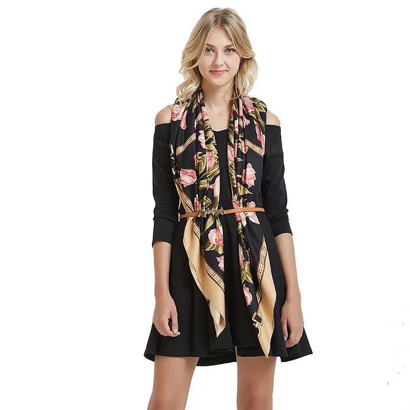 

2019 Spring New Silk Scarf Ladies 130cm Twill Silk Super Large Print Middle East Muslim Scarf