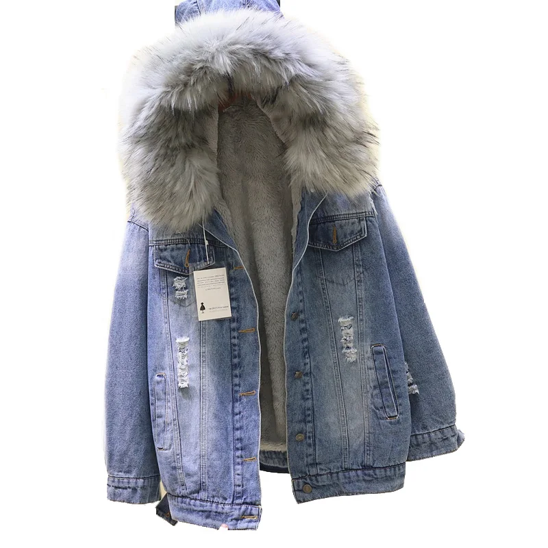 2018 winter Loose Hooded Big Fur women Parka Thick Warm Lamb Fur Long Denim Jacket winter jacket women coat with fur Jean Jacket