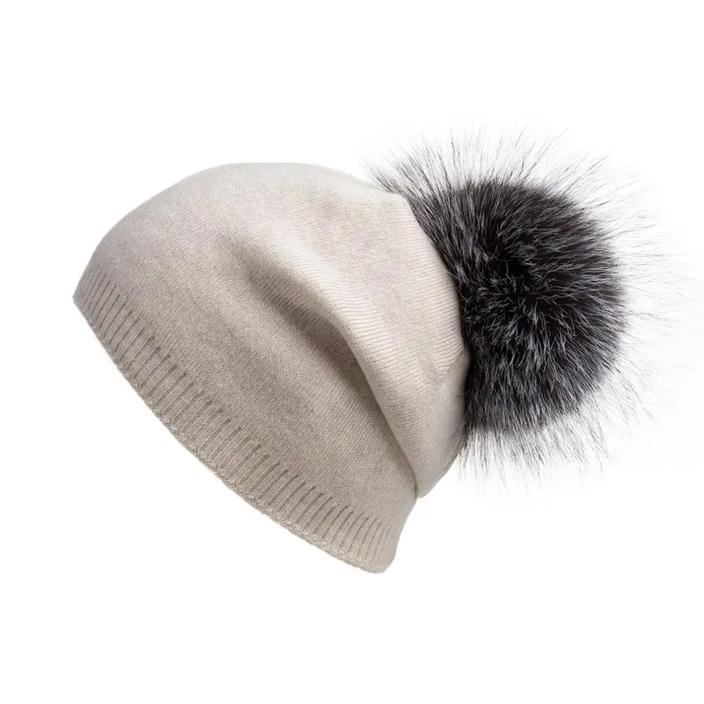 Beige(gray pompom) Негабаритных вязаная круглая объемная Шапка-бини шапка с помпоном с буфами на рукавах с натуральным меховым помпоном для Для женщин Зимняя теплая шапка Fur Story 17601 - Цвет: Beige(gray pompom)