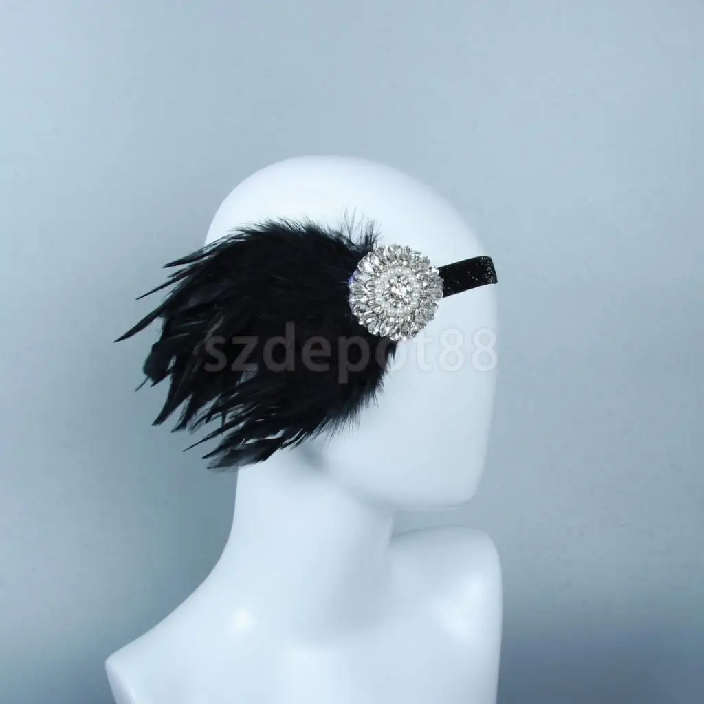 Vintage Charleston Party Feather Rhinestone Headband 1920s Great Gatsby Wedding Church Woman Bridal Hair Accessories