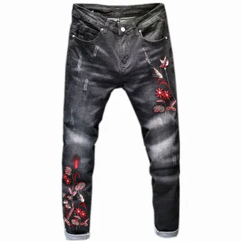 

Fashion Skinny Jeans Men Straight Blue Color embroidered Flowers bird Mens Casual Biker Denim Jeans Male Stretch Trouser Pant