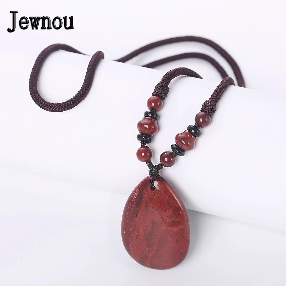 

Jewnou Red Jasper Necklace Women Crystal Water Drip Pendant Statement Natural Gemstone Braided Chain Fashion Woman Reiki Gift
