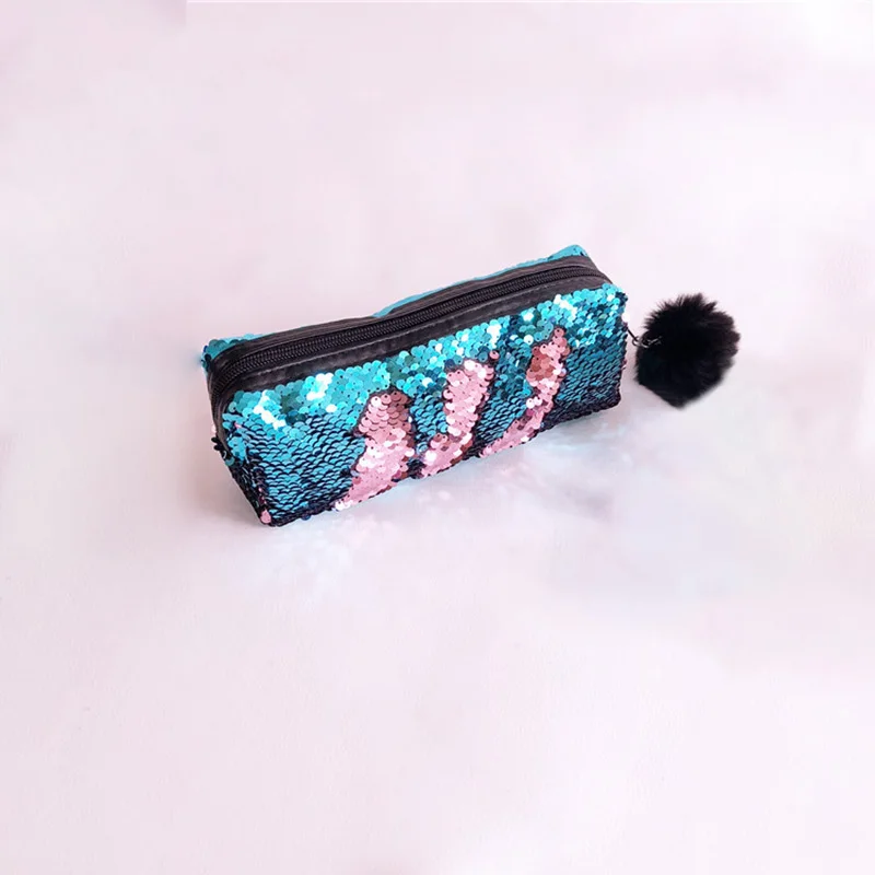 School Pencil Case Reversible Sequin Hairball PencilCase For Girls Bts Stationery Gift Cute Pencil Box Kawaii Student Supplies