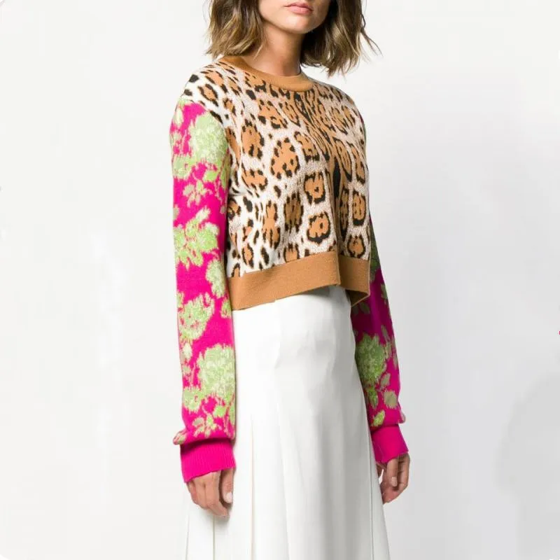 Sexy Leopard Crop Sweater for Women 2019 Autumn Round Neck Long Sleeve Pattern Wool Blend Pullover Female Short Jumper | Женская одежда
