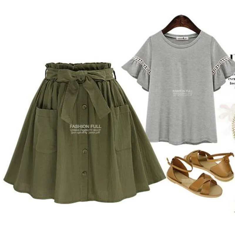 Online HziriP Frauen Röcke Vintage Hohe Taille Tasche Solide Bogen Gürtel Midi Rock Neue Ankunft Sommer Europa Armee Grün Mädchen Rock faldas
