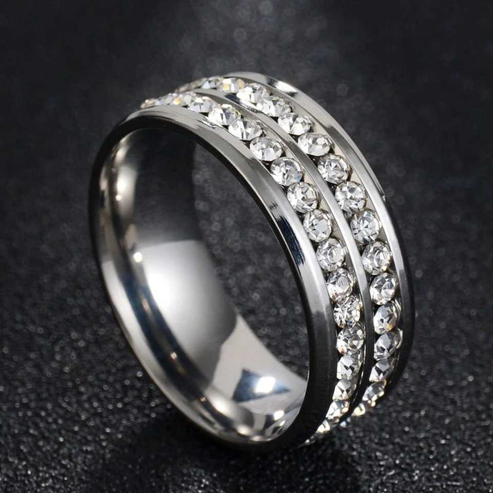 Классические кольца с кристаллами и камнями, черные двойные кольца из нержавеющей стали со стразами, свадебные кольца для мужчин и женщин, подарки, ювелирные изделия