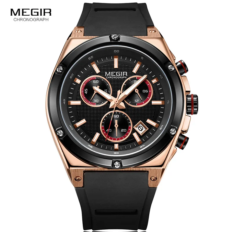 Megir, силиконовый ремешок, военные кварцевые часы, мужские наручные часы с хронографом, 24 часа, дисплей, армейские спортивные часы, розовое золото 2073-1N0 - Цвет: MN2073G-Rose