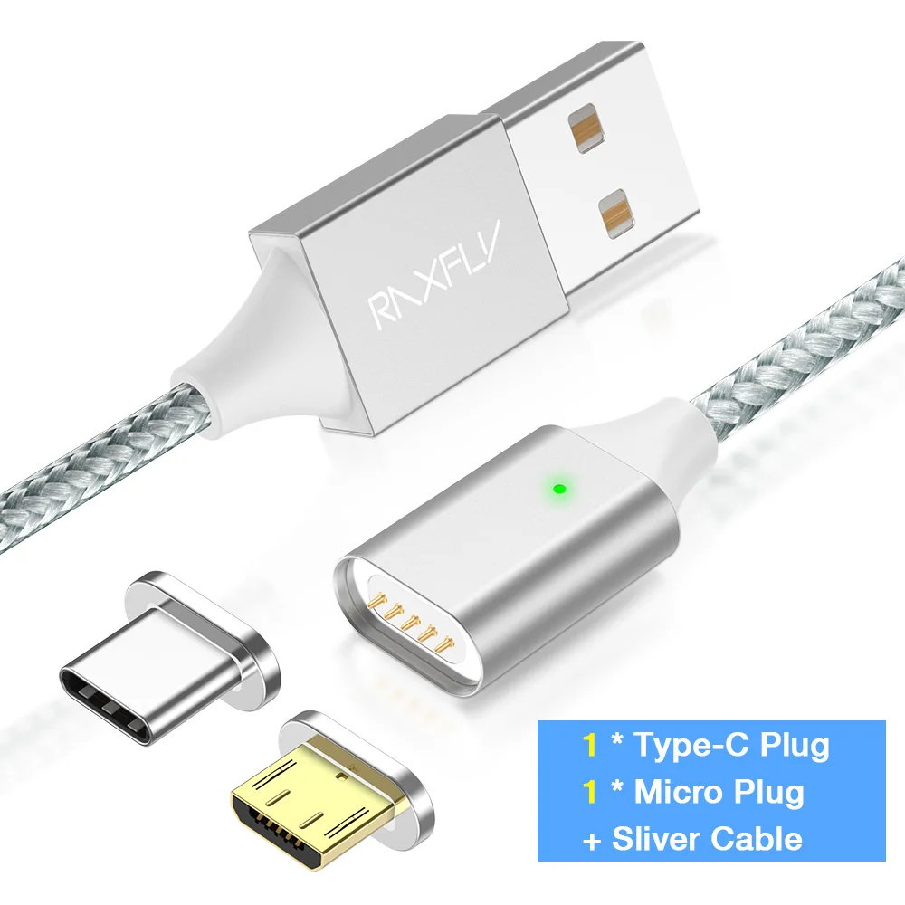 Магнитный зарядный кабель RAXFLY для iPhone X XS Max samsung S9, 1 м, кабель Micro usb type-C для Xiaomi, проводной шнур, кабель для мобильного телефона - Цвет: Sliver Micro Type