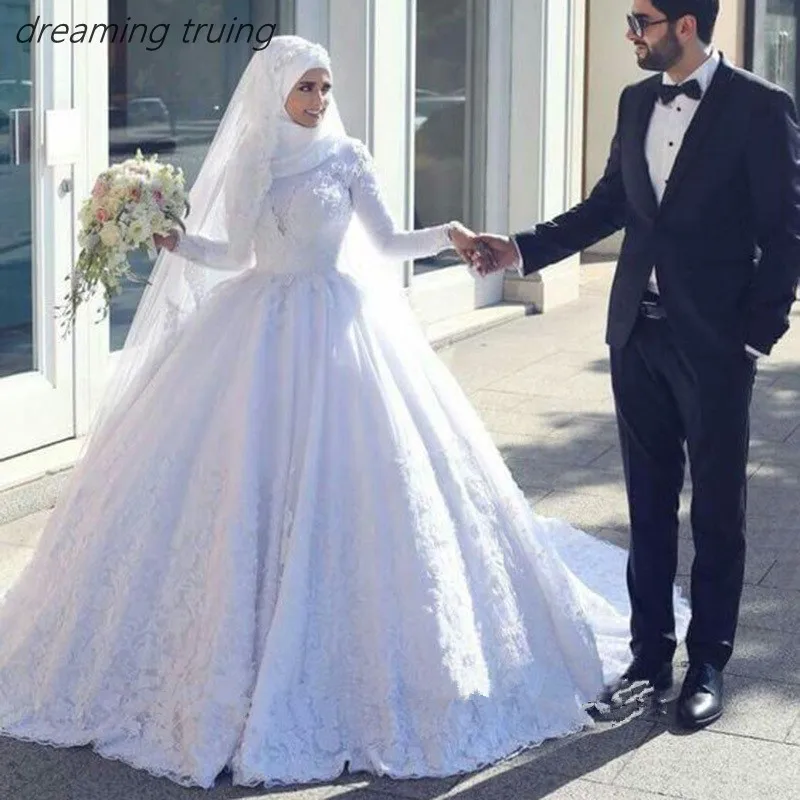 Saudi Arabian Muslim White Wedding Dresses With Hijab D Luxury Lace ...