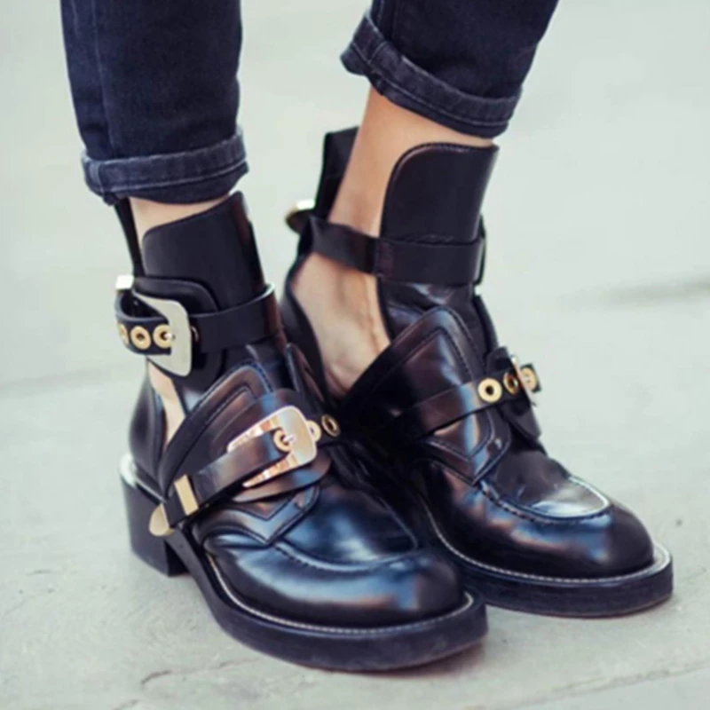 

Punk Booties Buckle Straps Chunky Heeled Black Ankle Boots Cut Out Woman Boots Motorcycle Brand Designers Round Toe Women Boots