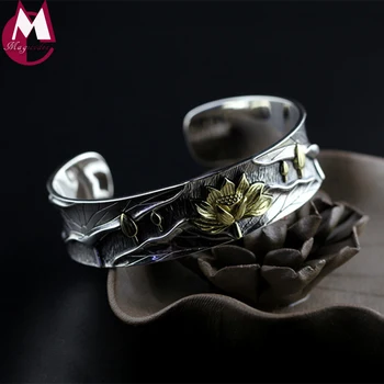 

100% 925 Sterling Silver Bangles For Women Retro Lotus Flower Female Handmade Big Leaf Opening Bracelet Vintage Jewelry SB76