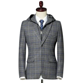 

Nice Men Blazer Suit Jacket Fashion Man Hooded Plaid Blazer Style Casual Single Button Military Male Slim Fit Grid Suits Coats