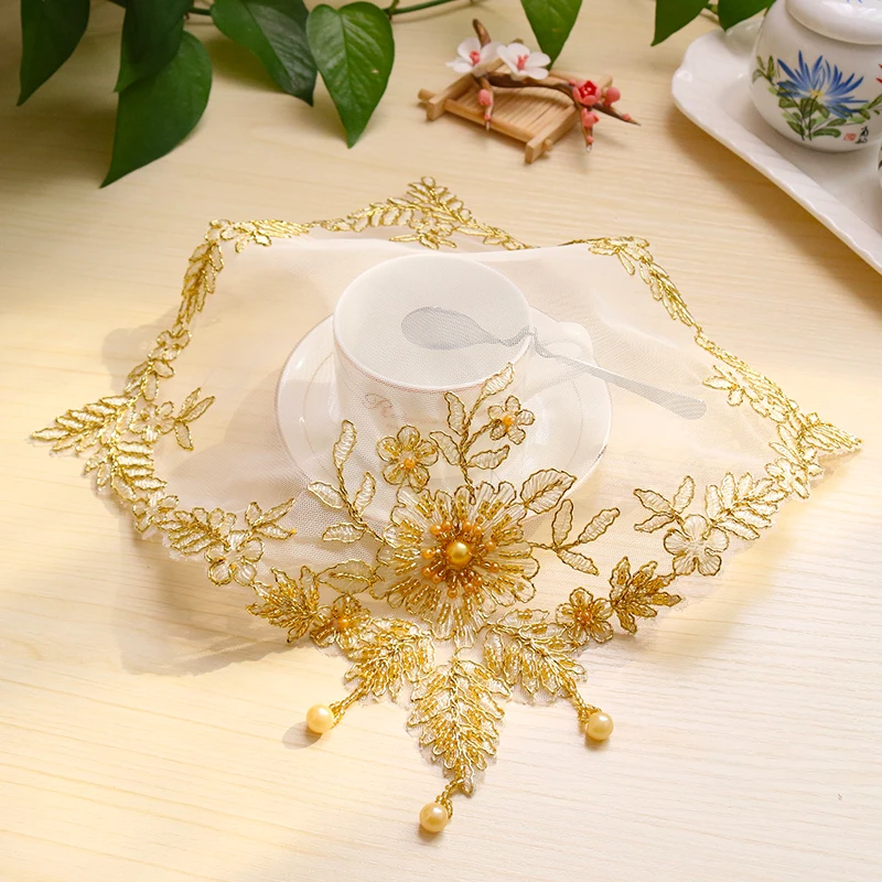 

27cm Place Mats Tulle Dining Mat Gold Lace Table Pad Tea Party Cup Coaster Placemats Kitchen Table placemat mesa de jantar W16