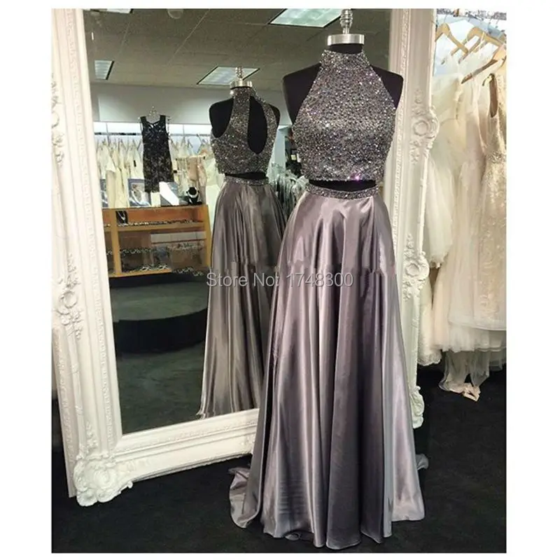 Halter Silver Slight Whole Crystal A-Line 2 Piece Evening Dress Sexy Back Sheer Off The Shoulder Elegant Banquet Party Hot | Свадьбы и