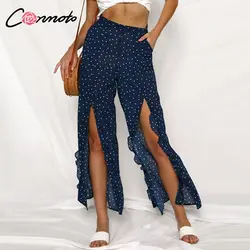 Conmoto прозрачные шифоновые женские брюки в горошек Femme брюки оборки сплит высокая талия повседневные брюки Лето 2019