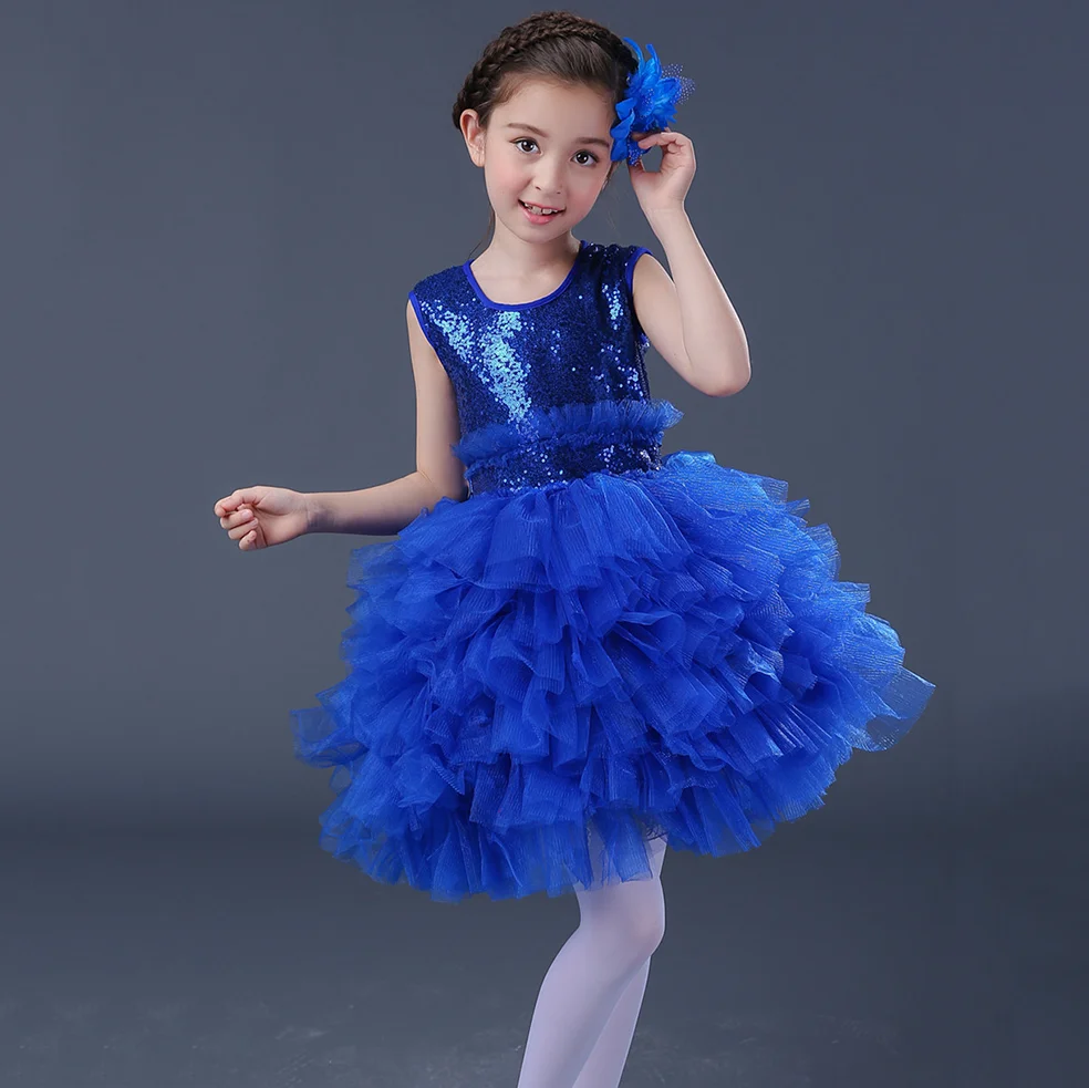 

Children Jazz Performance Dancewear Kids Girls Party Ball Gowns Short Yellow Purple Pink Blue Sequin Prom Dress for Girls