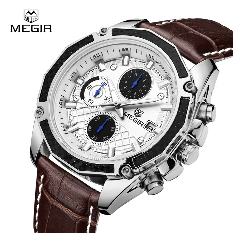 

MEGIR Quartz Watch Male Genuine Leather Watches racing men Students Game Run Chronograph Watch Glow Hands Watches reloj hombre