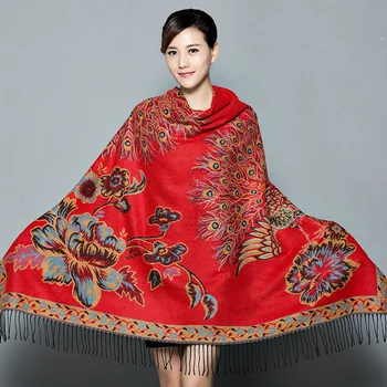 

600G Women Embroidery Cashmere Blanket Winter Tassel Floral Pashmina Hijab Flowers Thick Scarves Long Warm Shawls Size 145x145cm