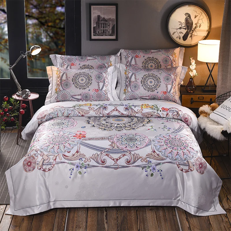 

2018 Flower and bird printing Green Color 4 Pcs Queen King Size Bedding Set High Quality Bohemia style Duvet Cover