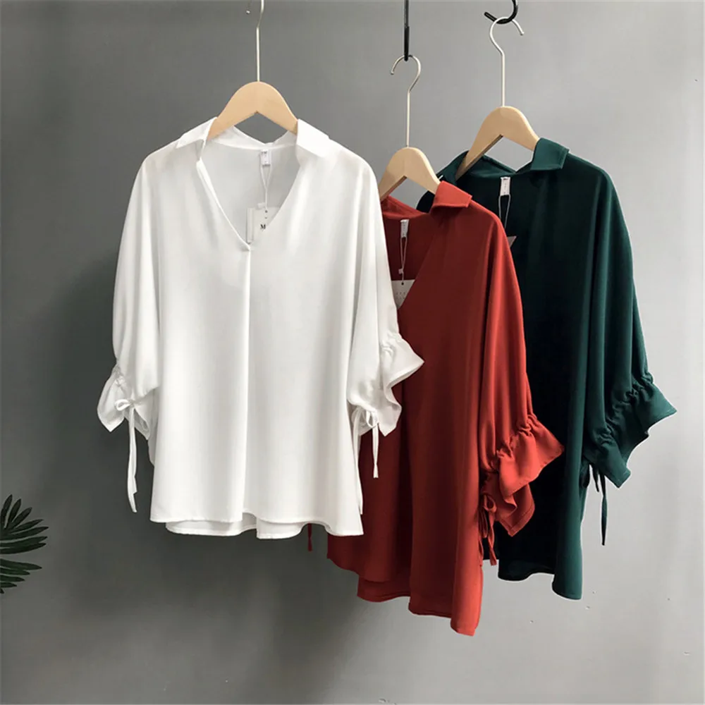 High quality Casual Chiffon V-neck Loose Shirt Office Wear 2018 White Women Blouse Shirt Half Batwing Sleeve Summer Elegant top (1)