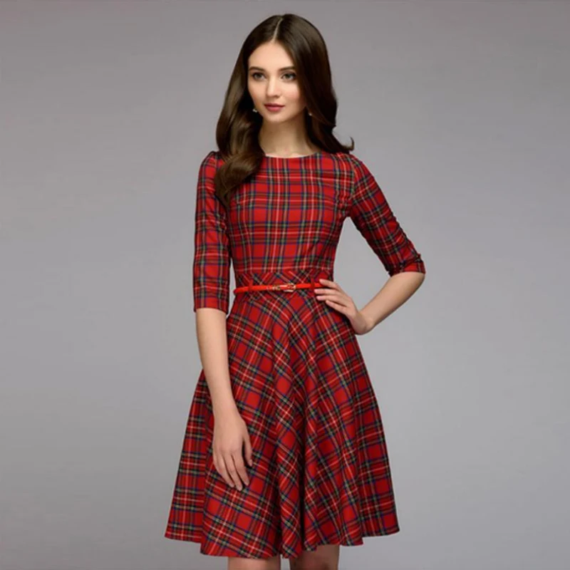 Шотландское клетчатое красное платье с рукавом три четверти и О-образным вырезом, простое ТРАПЕЦИЕВИДНОЕ ПЛАТЬЕ с принтом, осеннее платье, модные женские платья