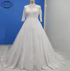 Vestido de Noiva 2019 мусульманское свадебное платье с кружевной аппликацией Королевский поезд 3/4 с длинными рукавами, украшенное бисером свадебное