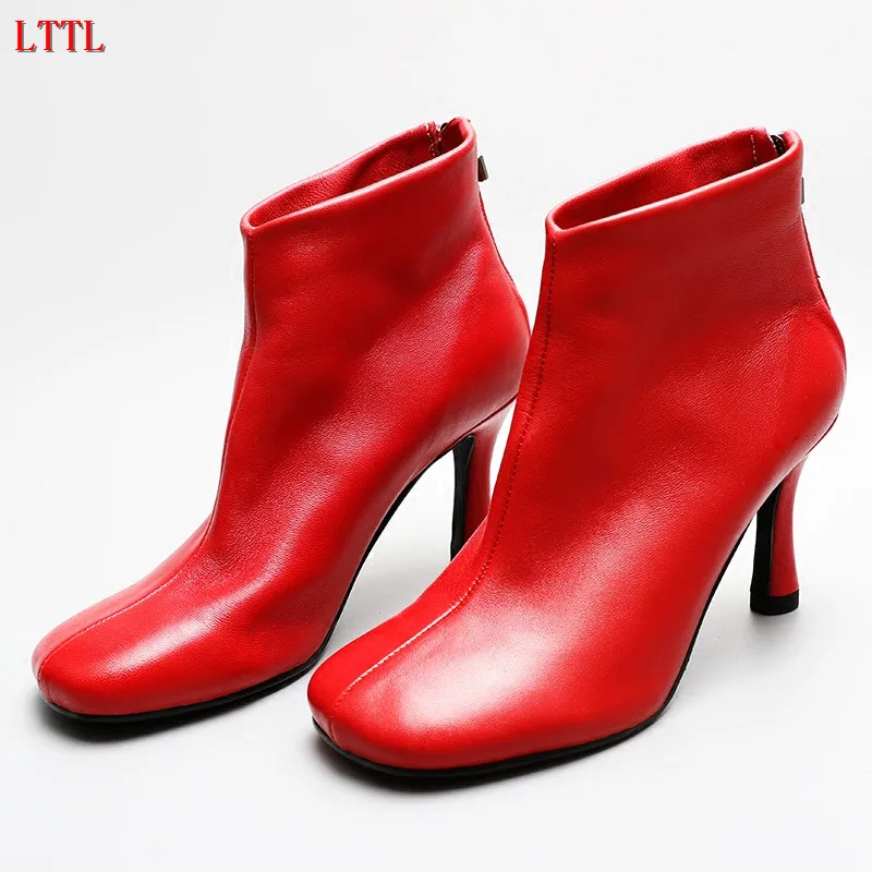 2017 Newest black red white leather Short Boots high heels runway style boots women round toe back zipper Ankle Boots шапка kusto steam short red white