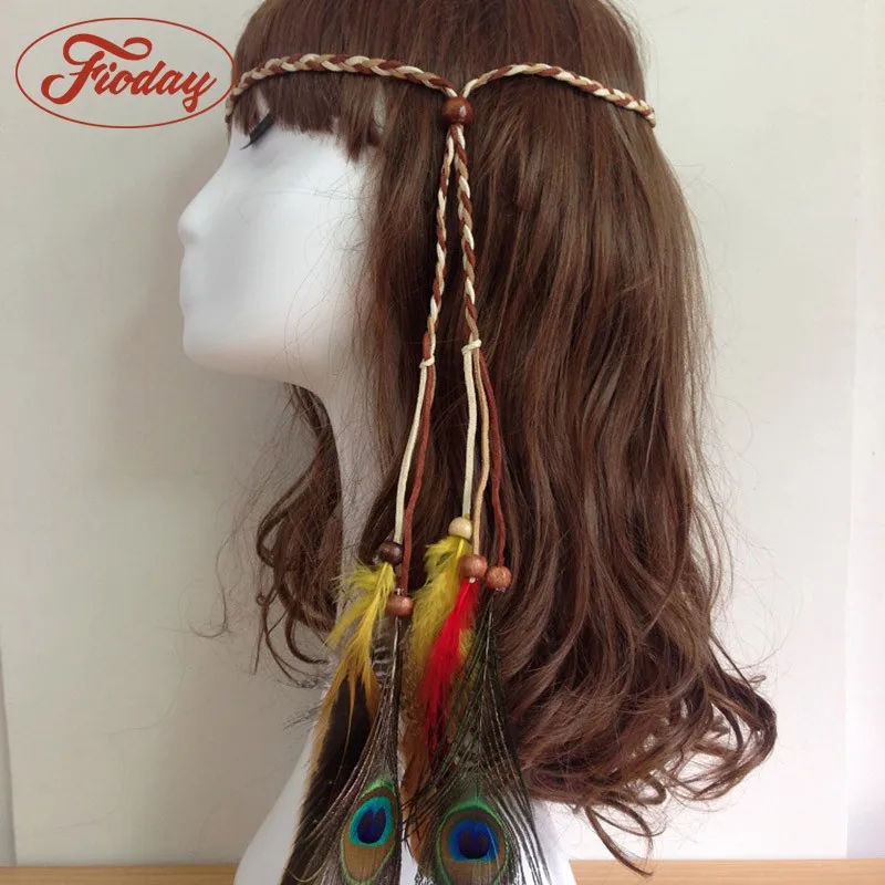 

2019 Boho Peacock Feather Headband for Women Hair Rope Hippie Headdress Hair Bands New Adjustable Halloween Feather Hairband