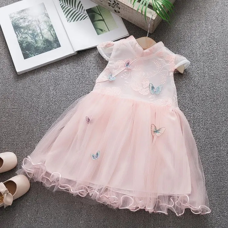 

Baby Girls Summer Dress 2019 New Children's Chinese Style Lace Cheongsam Dress Short-sleeved Embroidery Fluffy Mesh Dress