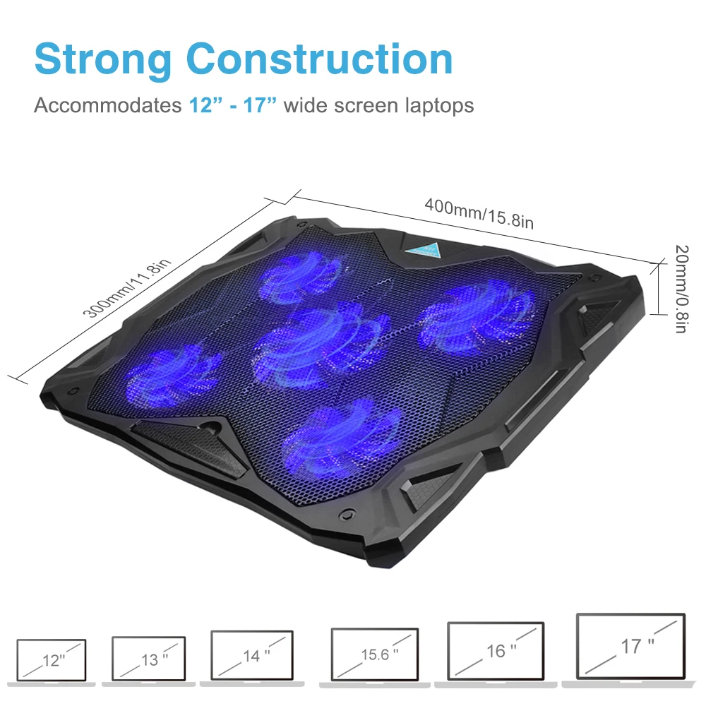 Quiet Laptop Cooling Pad Stand With 5 Fans at 1500 RPM and Blue LED Laptop Cooler fits