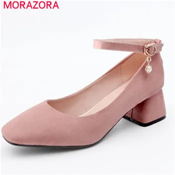 

MORAZORA hot fashion new 2020 pumps women shoes with buckle square toe square heel high heels flock casual female shoes