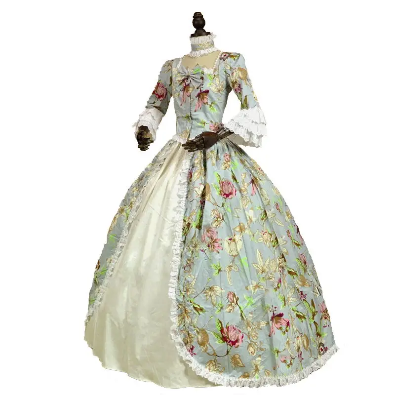 Готическое платье принцессы в викторианском стиле, 18 век, цветочный принт, длинные рукава, Marie Antoinette, Бальные вечерние платья костюм - Цвет: Белый