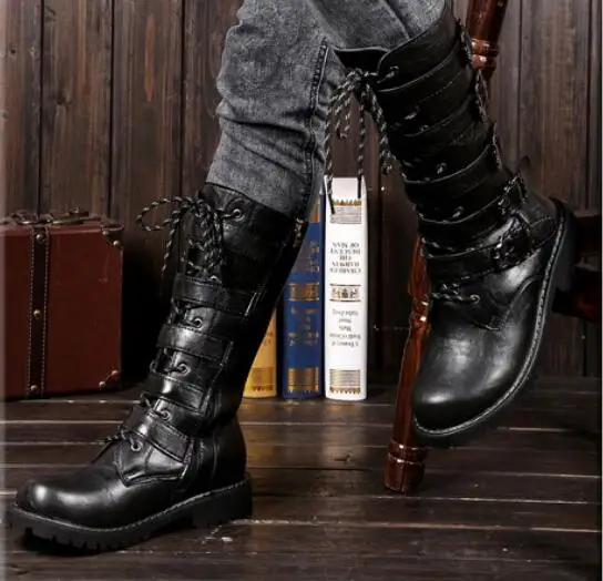 Новые Брендовые мужские высокие ботинки в байкерском стиле корейские модные ботинки martin до середины икры с круглым носком на резиновой подошве с заклепками