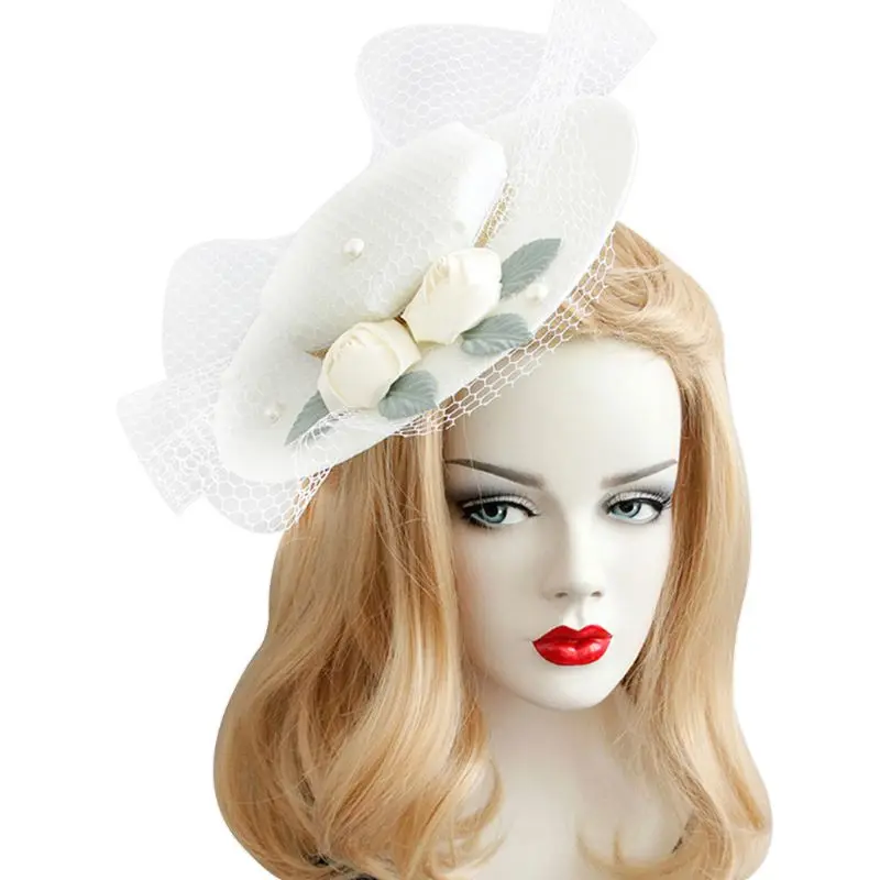 

Womens European Style Palace Fascinator Pillbox Hat Faux Pearl Gird Mesh Rose Flower Banquet Wedding Veil Hair Clips Photo Props