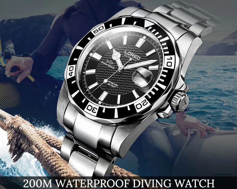 20 бар водонепроницаемые спортивные часы LOREO мужские s часы лучший бренд класса люкс бизнес автоматические механические часы мужские часы полностью стальные часы