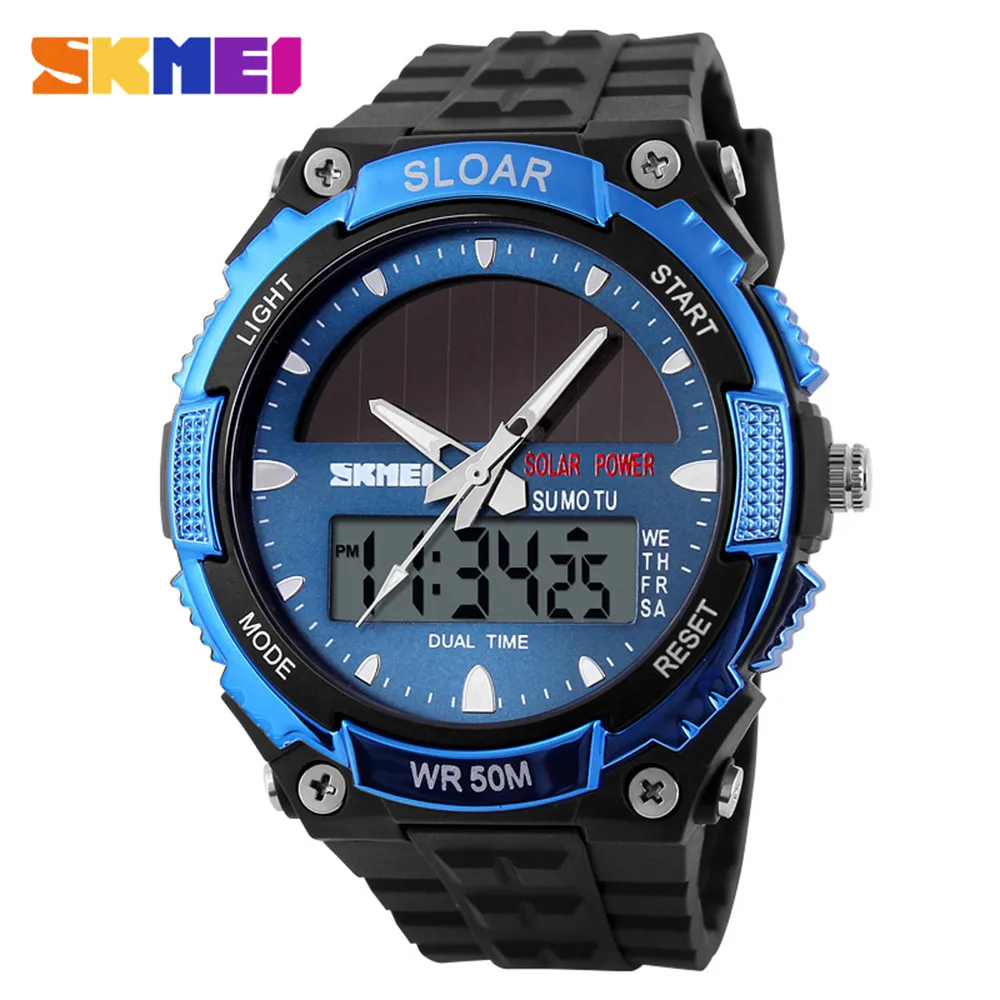 Blue Часы SKMEI на солнечной энергии, Брендовые мужские спортивные часы, 2 часовых пояса, Цифровые кварцевые многофункциональные наручные часы под платье 1049 - Цвет: Blue