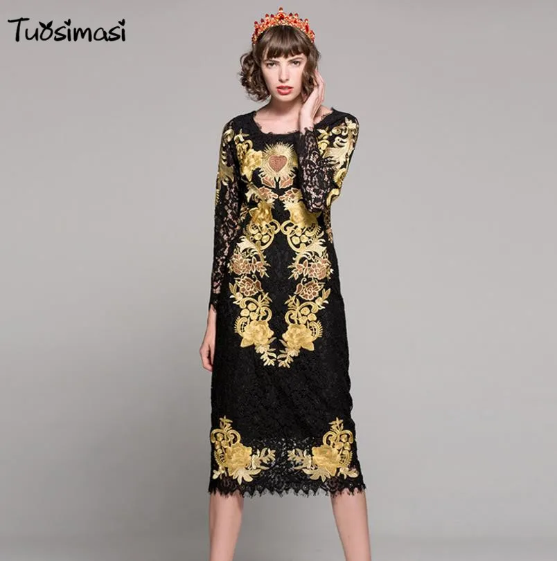 2017 spring gold embroidery holllow out party women fashion black lace ...