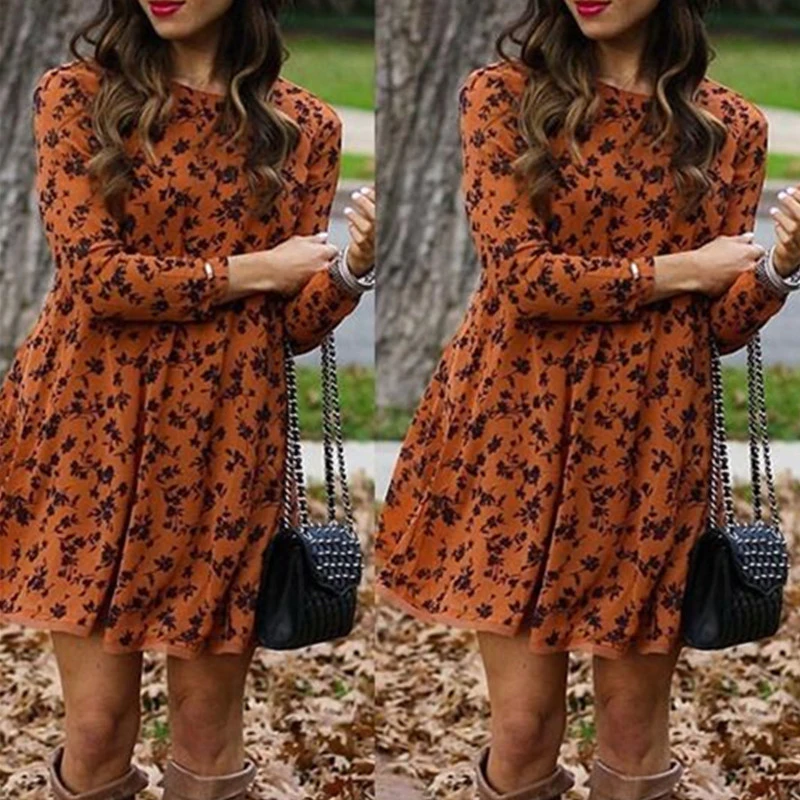 

Round Neck Women Dress Long Sleeve Autumn Pleated Printed Winter 2018 Stylish