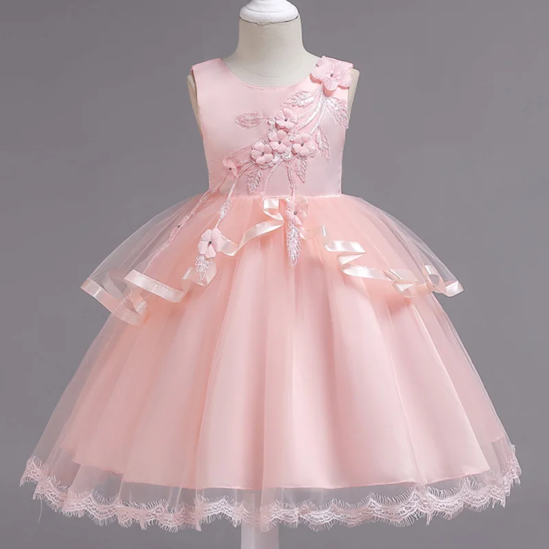 Свадебное платье для девочек Пышное Сетчатое платье принцессы для маленьких девочек от 3 до 10 лет Детская одежда праздничное платье принцессы для дня рождения - Цвет: Розовый