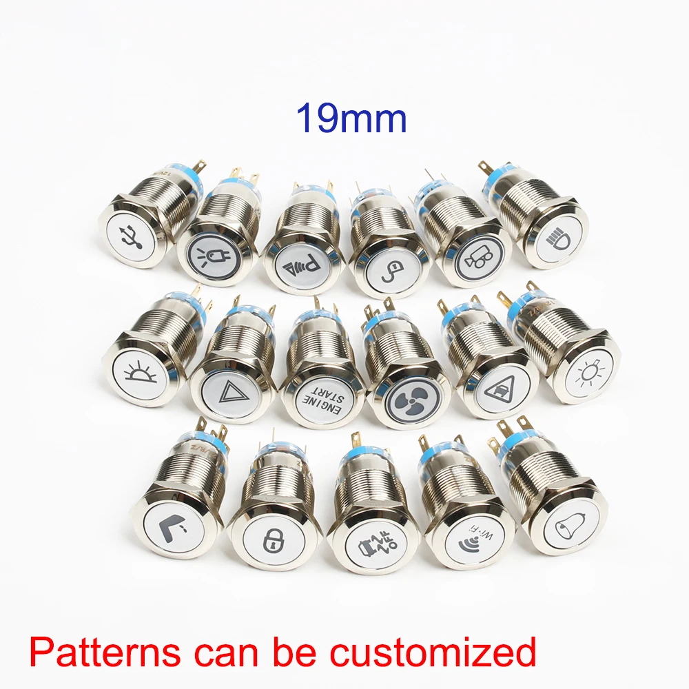 19mm Customization button metal Brass rhodium plating push button switch ring lamp flat round fans light latching/Momentary