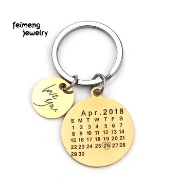 

Personalized Calendar Keychain Engraved with Your Texts Signature Keyring Hand Stamped Round Calendar Highlighted with Heart