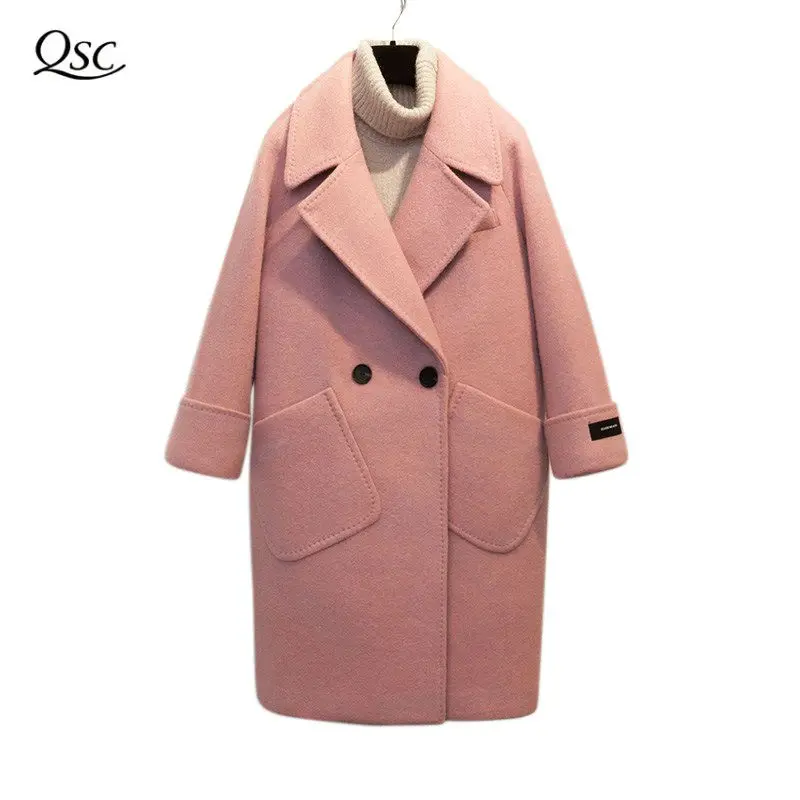 

100% Real Photos Wool Women Coat 2018 Casual Pink Coat Loose Wide-Waisted Spring Winter Coat Long Cashmere Overcoat Solid Woolen