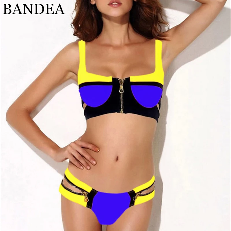 

BANDEA Padded Bikini Women Beach Swimwear Color Bikini Set Patchwork Zipper Swimsuit Push Up Swimwear Bathing Suit Bikinis 2019