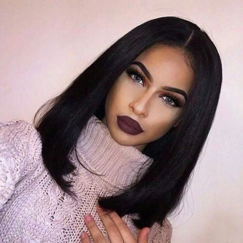 

Brazilian Human Straight Hair Lace Front Wig Silky Straight Middle Part Glueless Short Bob Full Lace Wig With Baby Free Shipping
