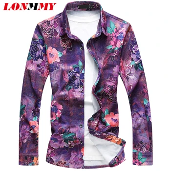 

LONMMY 7XL Long sleeve men shirt floral streetwear hawaiian shirt men Flower blusas Camisa social masculina Casual slim fit New