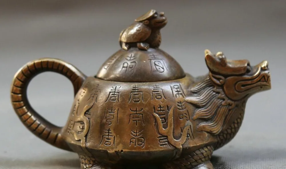 

6.1" Chinese Bronze Dragon Tortoise Longevity Turtle Kettle Pot Teapot Teakettle